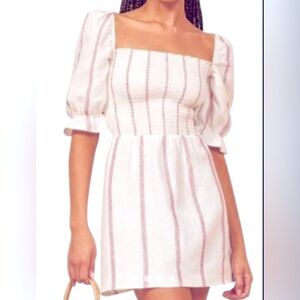 Reformation Cerise Style White & Red Striped Mini Dress. 100% Linen. EUC. Size L